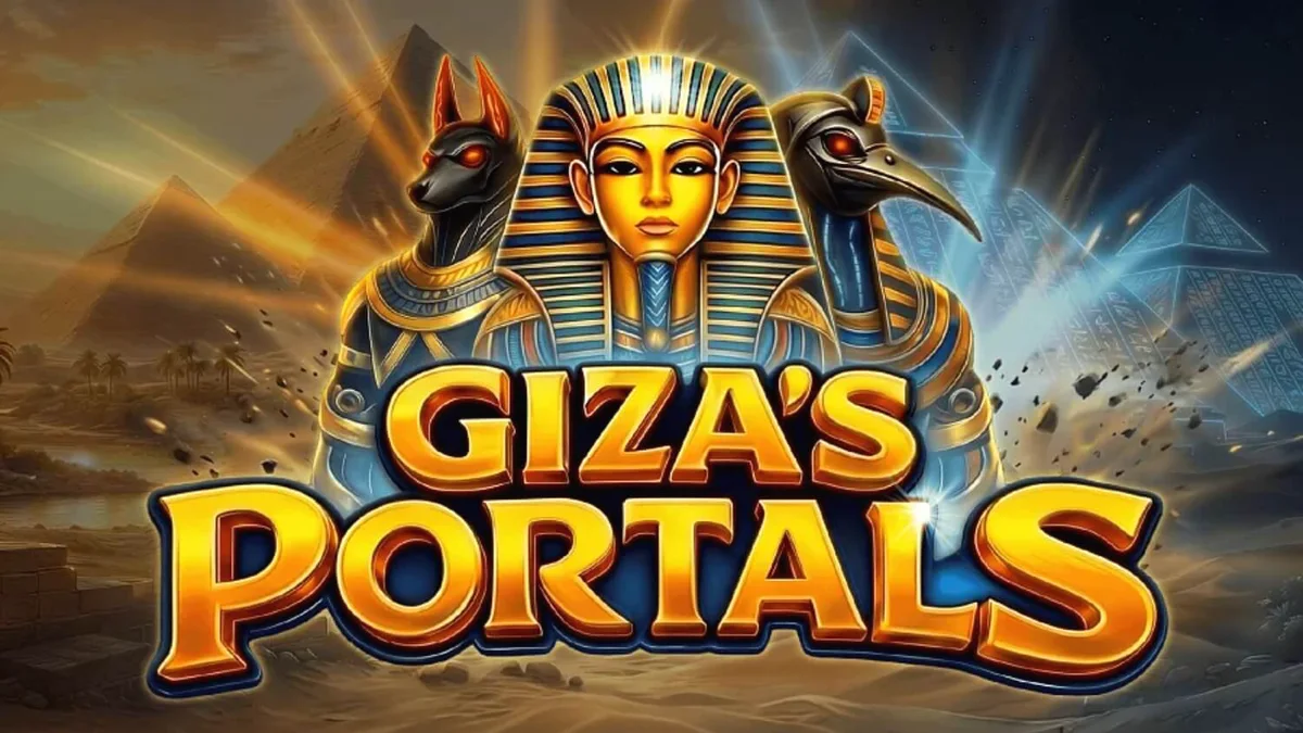 Visual imersivo do slot Giza’s Portals com cenário de templo egípcio e pirâmides ao fundo